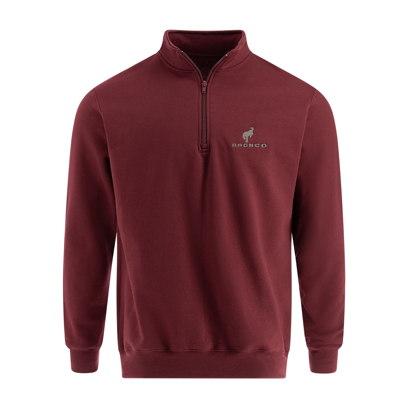 A red Ford Bronco quarter zip pullover sweatshirt with a small Ford Bronco logo on the chest.