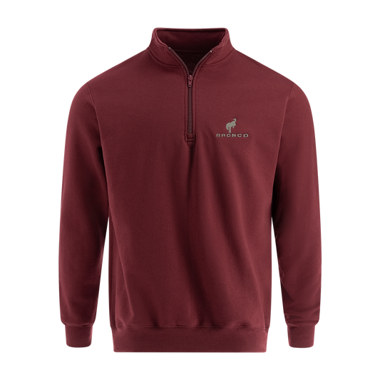 A red Ford Bronco quarter zip pullover sweatshirt with a small Ford Bronco logo on the chest.