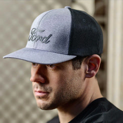 Person wearing a black and gray cap with 'Ford' branding.